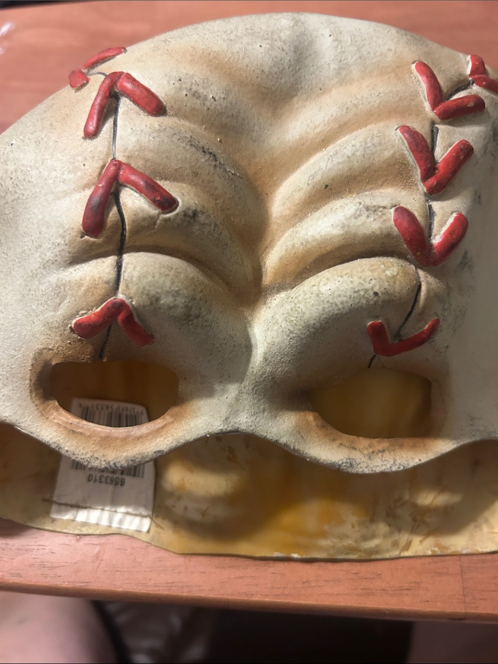 Baseball Decorative Beige Mask Accent with Red Stitch Detailing